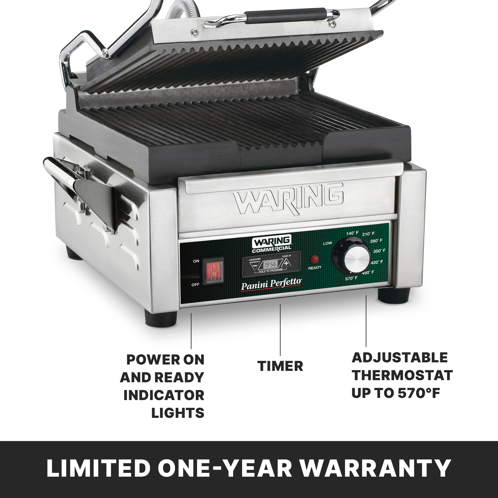Ribbed Panini Grill with Timer, 9.75" x 9.25", 208 Volt